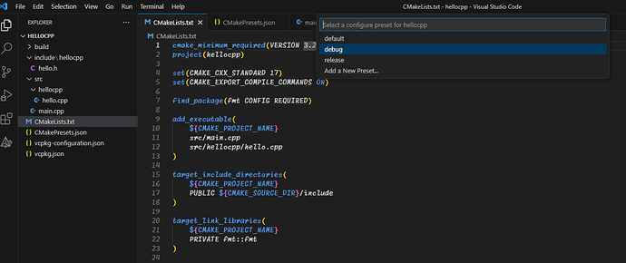 cmake debug preset