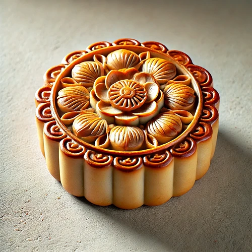 DALL·E 2024-09-13 21.30.20 - A beautifully crafted Chinese mooncake with a golden-brown crust and intricate floral designs. The mooncake is uncut, perfectly round, and glossy. The