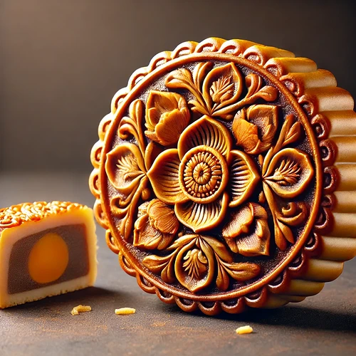 DALL·E 2024-09-13 21.24.22 - A traditional Chinese mooncake with a golden-brown crust, beautifully decorated with intricate floral patterns on the surface. The mooncake is round,