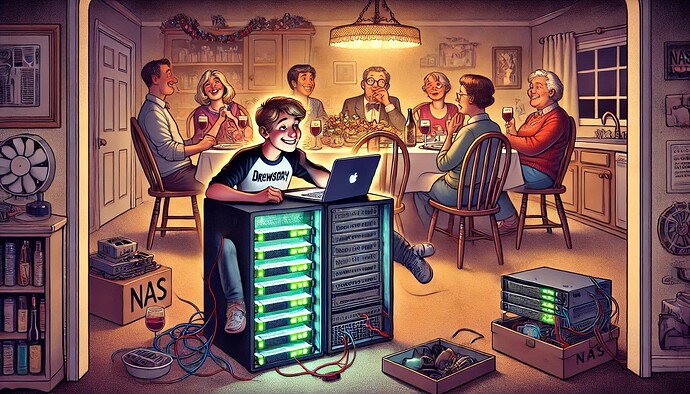 DALL·E 2024-12-16 14.58.14 - A humorous and satirical illustration of a young man in his late twenties or early thirties sitting at home proudly tinkering with a large, glowing 8-