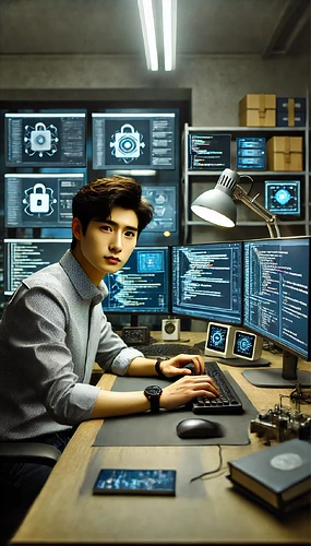 DALL·E 2024-11-13 00.22.14 - A young Chinese man in his late 20s, deeply involved in technology and AI, depicted in a high-tech workspace. He is seated at a desk covered with mult