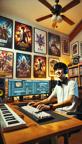 DALL·E 2024-11-13 00.09.45 - A young Chinese man in his mid-20s, enthusiastic about technology and entertainment, depicted in a lively and organized home office. He is seated at a